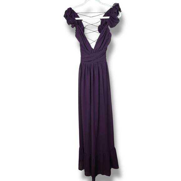 Lulus NWT Soiree Celebration Purple Ruffled Lace-Up Chiffon Maxi Dress Small - Picture 3 of 10